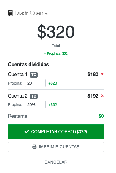 Propinas por cuenta dividida — monto fijo y porcentaje